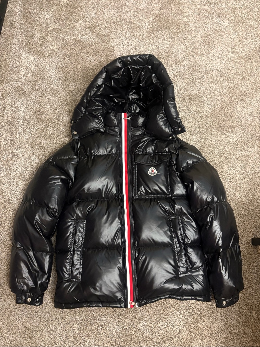 Moncler Men’s Black Hooded Shiny Puffer Jacket with Tricolor Zip